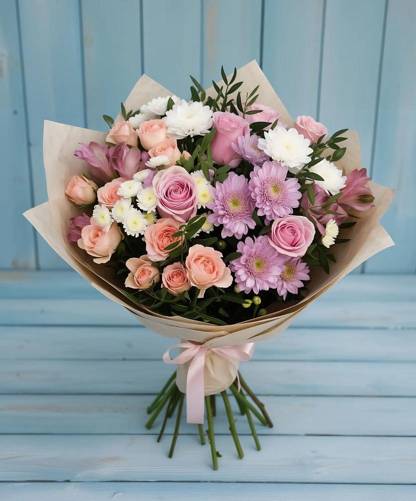 Букет цветов из: Хризантемы, Розы и Альстромерии в Круглолесском