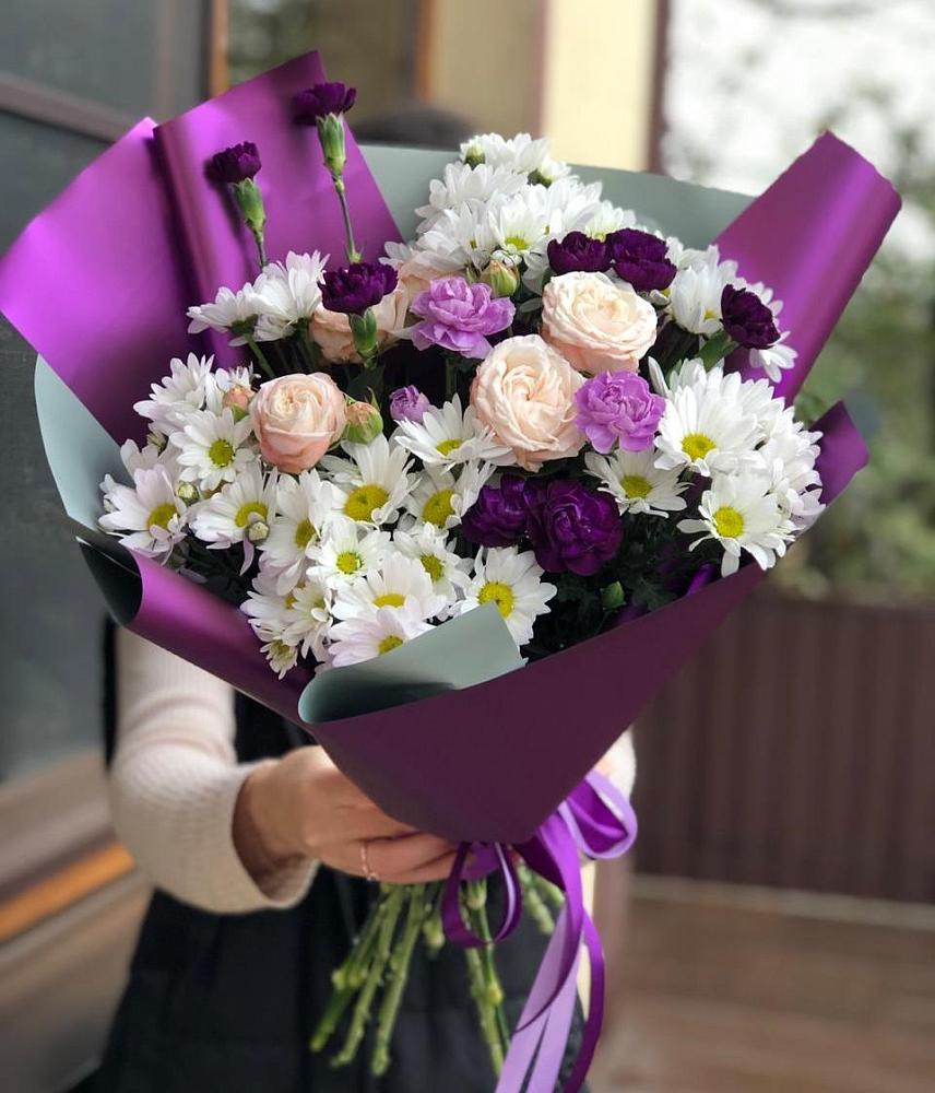 Букет цветов из: Хризантемы, Гвоздики и Розы в Круглолесском