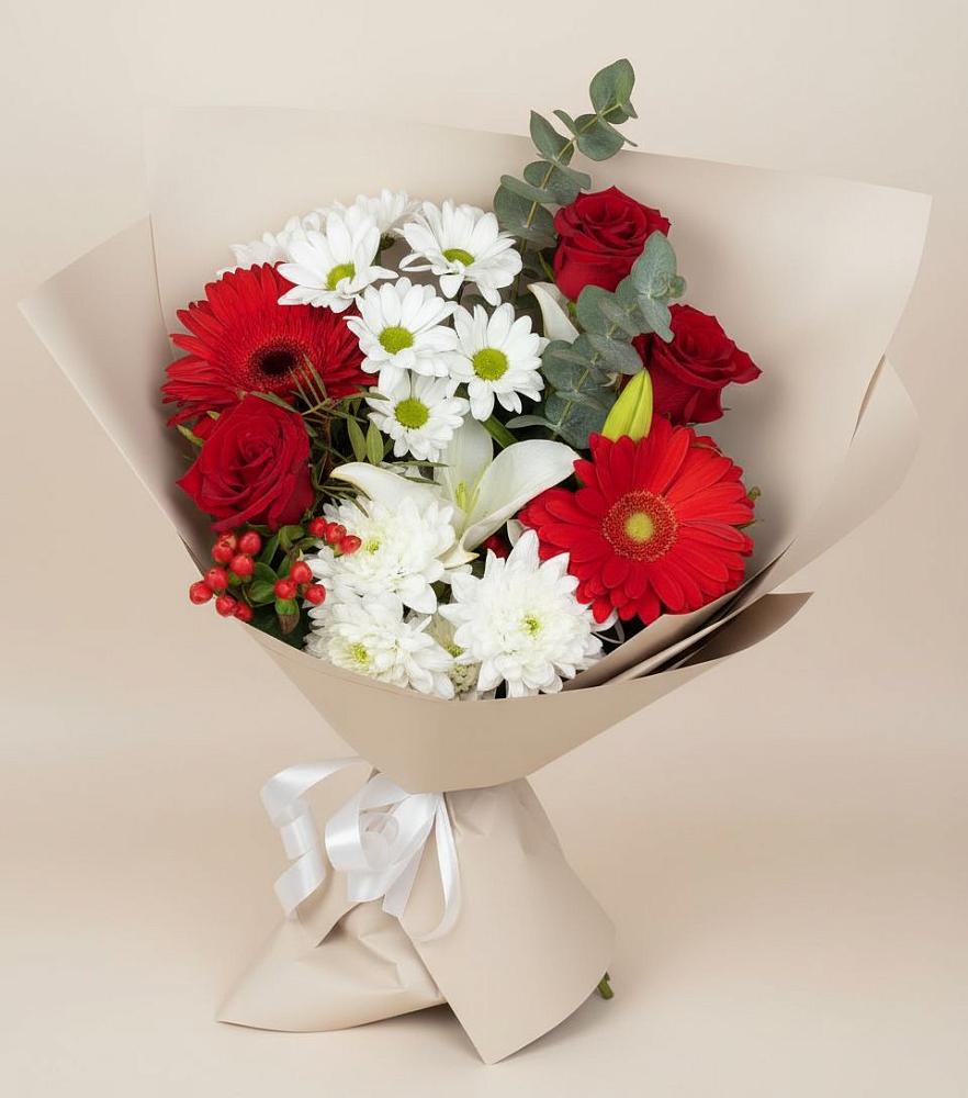 Букет цветов из: Розы, Хризантемы, Герберы и Лилии в Круглолесском