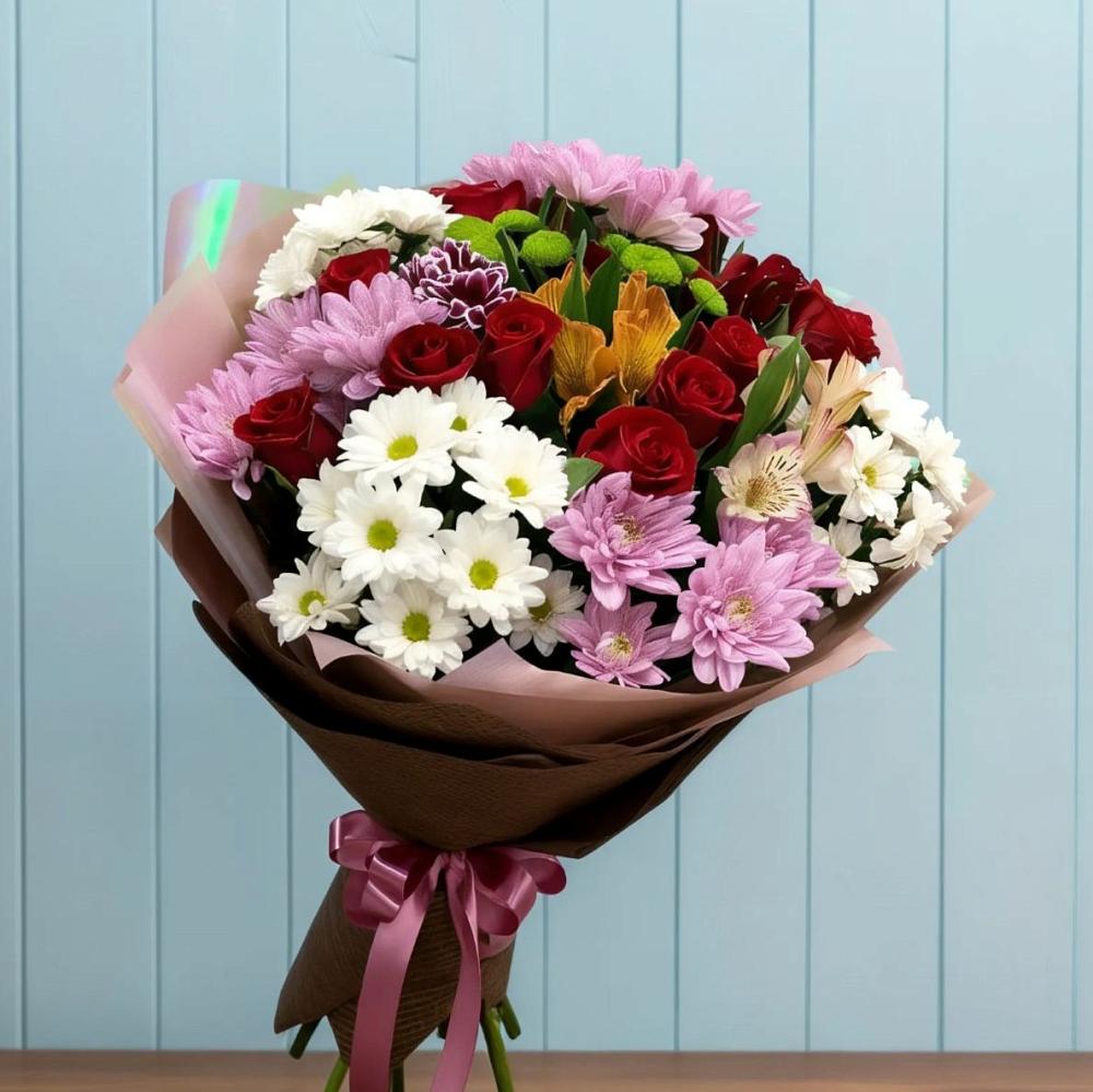 Букет цветов из: Розы, Хризантемы и Альстромерии в Круглолесском