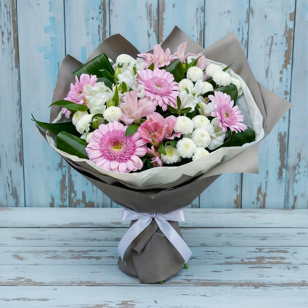 Букет цветов из: Герберы, Альстромерии и Хризантемы в Круглолесском
