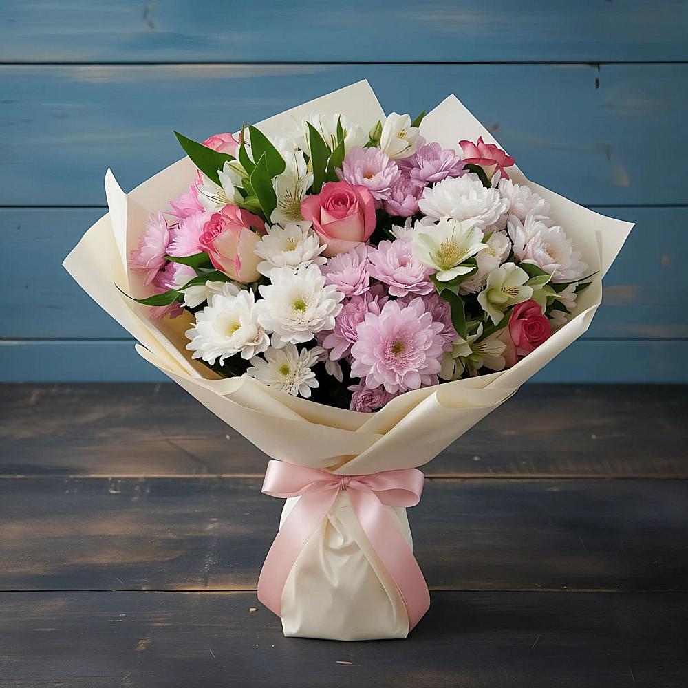 Букет цветов из: Хризантемы, Альстромерии и Розы в Круглолесском